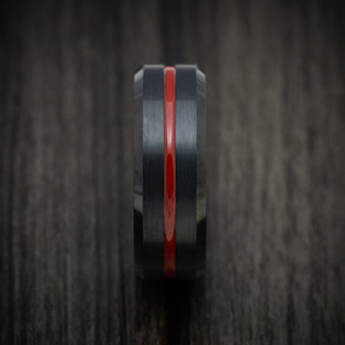 Captain XV - Black Tungsten Men's Wedding Ring with Red Line Inlay - view 3 - Nura Lab