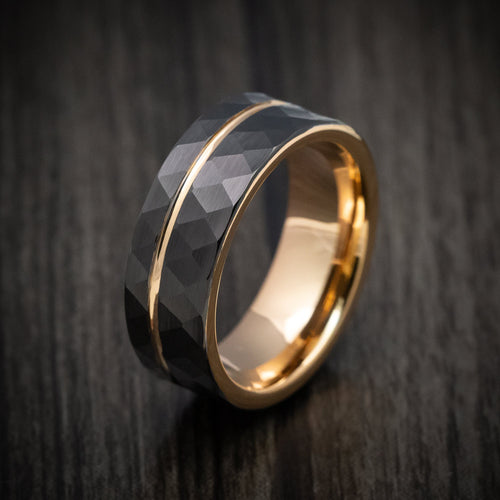 Midnight XV - Black Tungsten Faceted Men's Wedding Ring with Golden Inlay and Sleeve - view 4 - Nura Lab