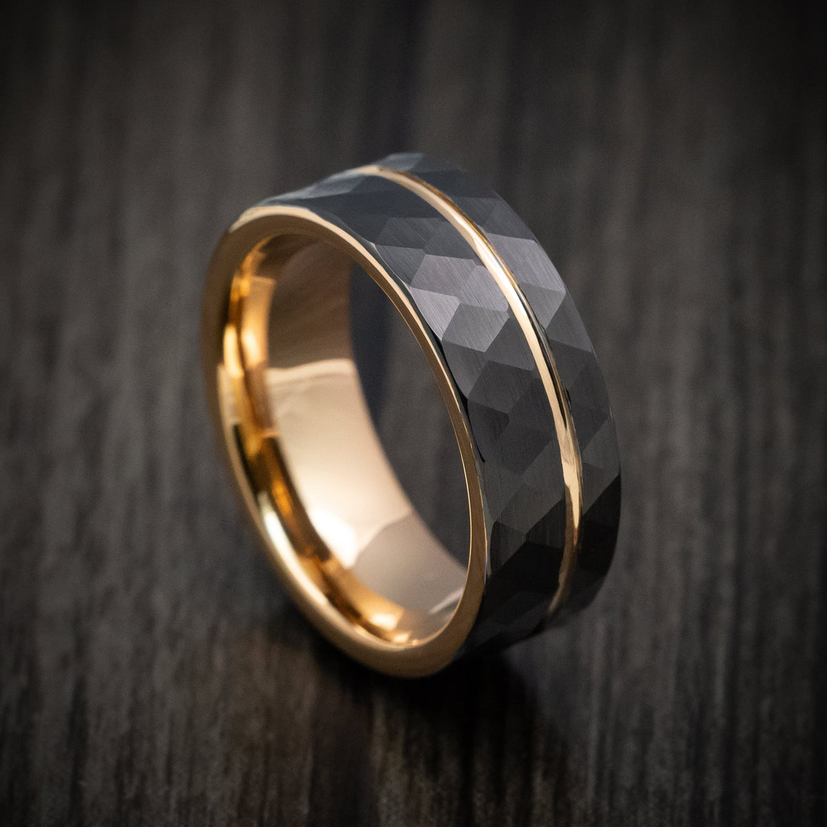 Midnight XV - Black Tungsten Faceted Men's Wedding Ring with Golden Inlay and Sleeve - Nura Lab