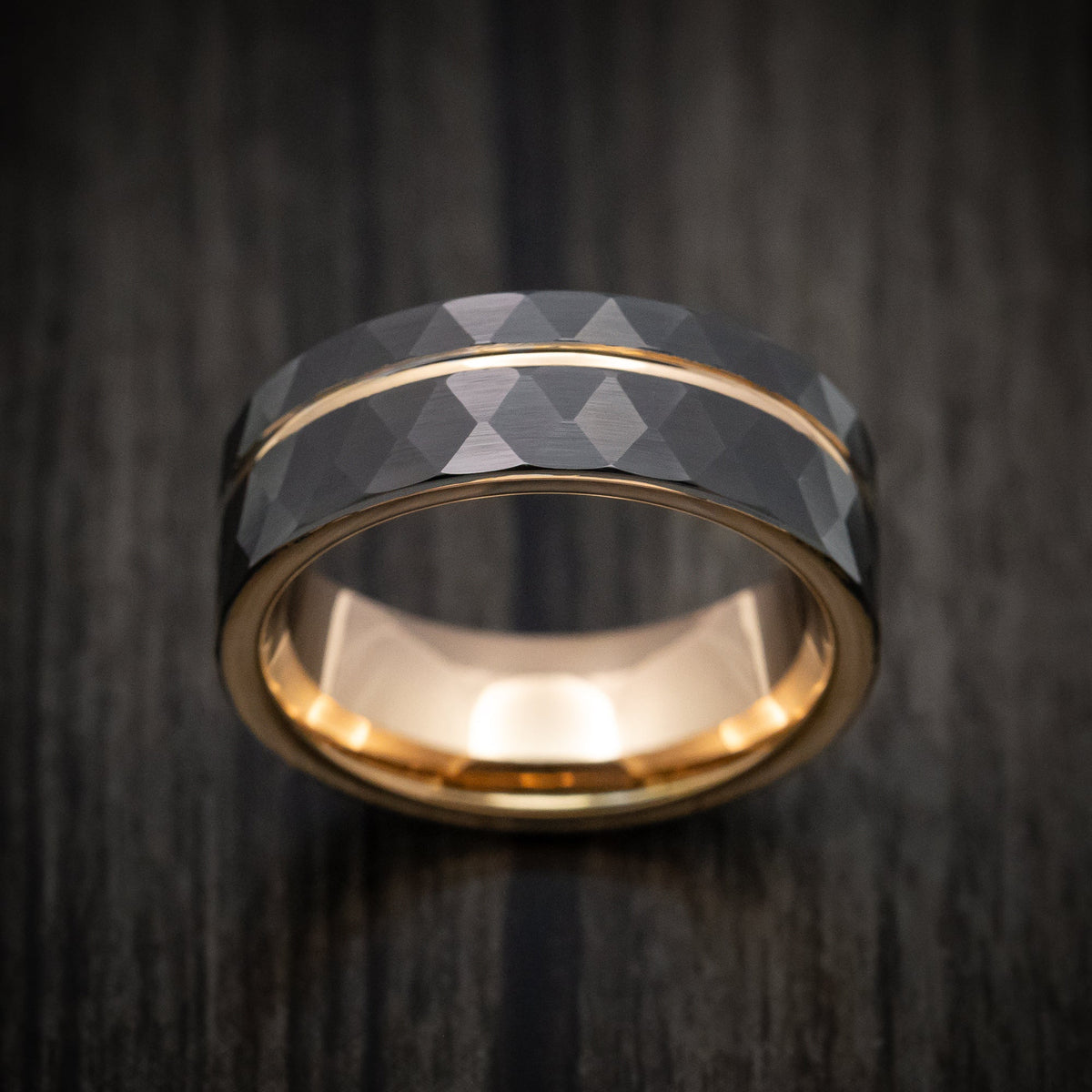 Midnight XV - Black Tungsten Faceted Men's Wedding Ring with Golden Inlay and Sleeve - view 2 - Nura Lab