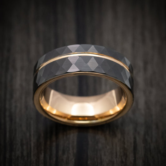 Midnight XV - Black Tungsten Faceted Men's Wedding Ring with Golden Inlay and Sleeve - view 2 - Nura Lab