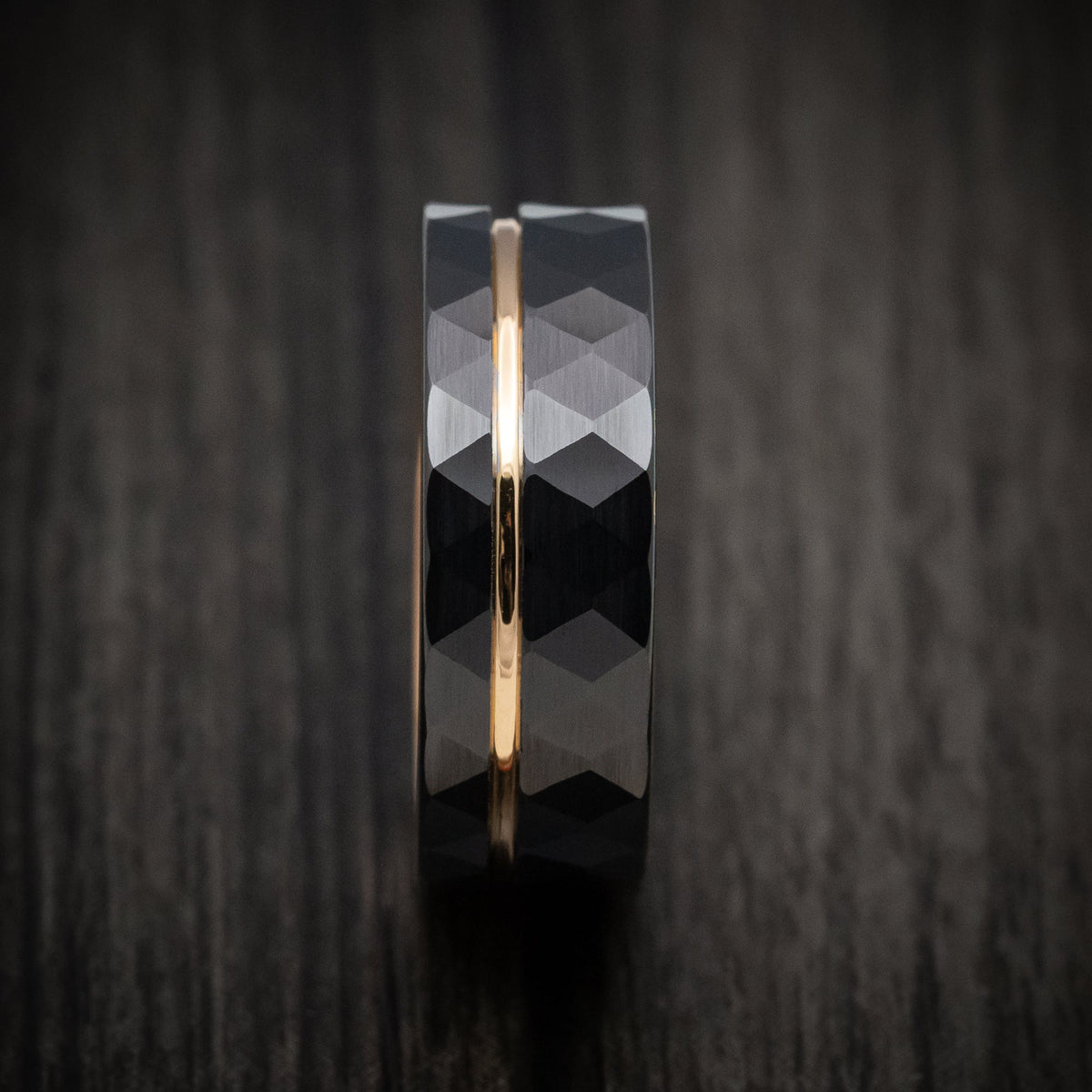 Midnight XV - Black Tungsten Faceted Men's Wedding Ring with Golden Inlay and Sleeve - view 3 - Nura Lab