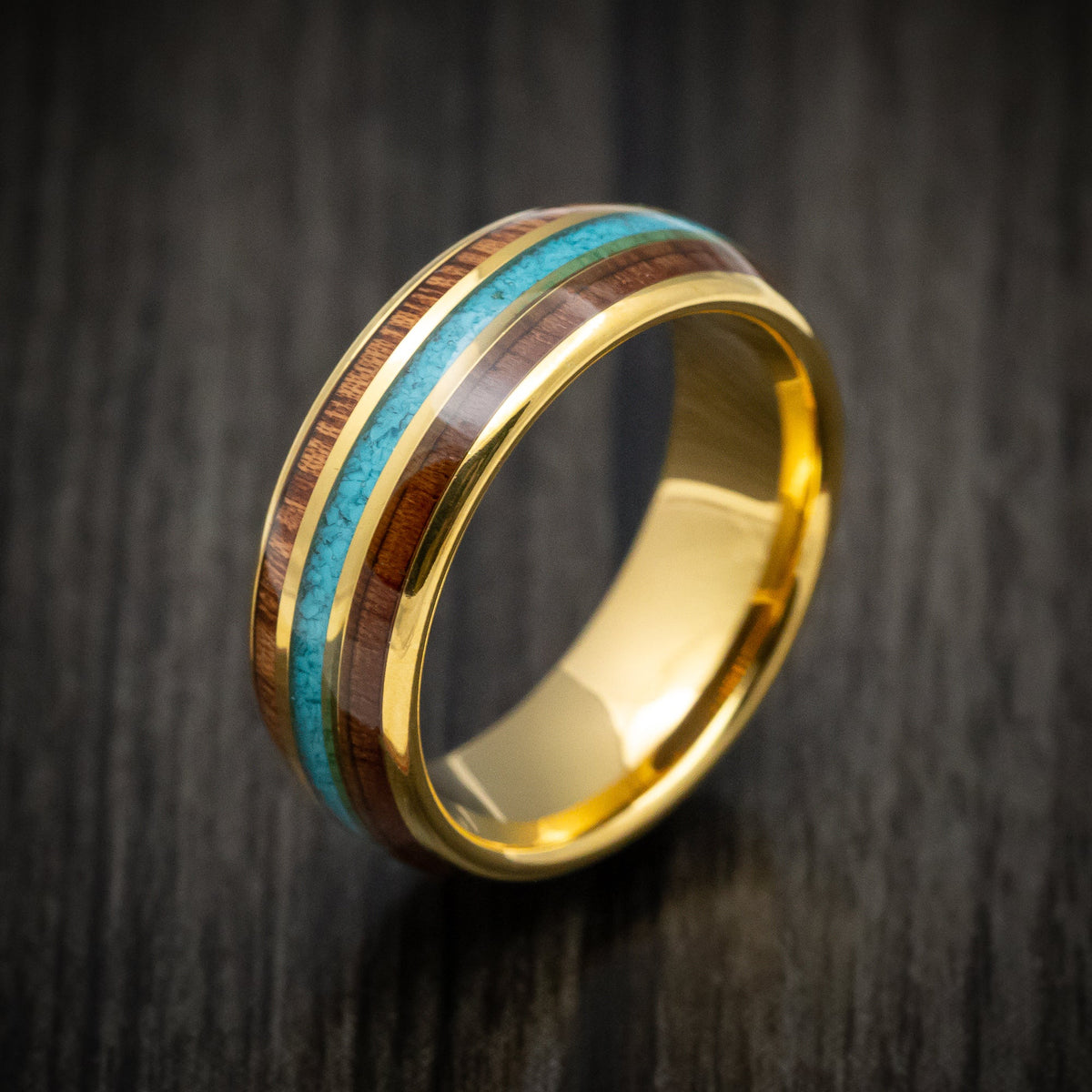 Overlander XII - Golden Tungsten Men's Wedding Ring with Rose Wood and Turquoise Inlays - view 3 - Nura Lab