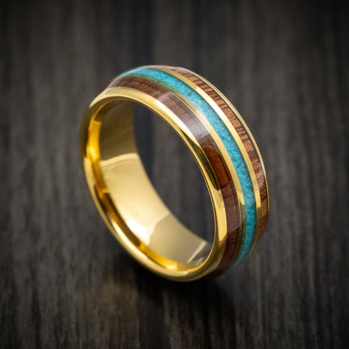 Overlander XII - Golden Tungsten Men's Wedding Ring with Rose Wood and Turquoise Inlays - Nura Lab