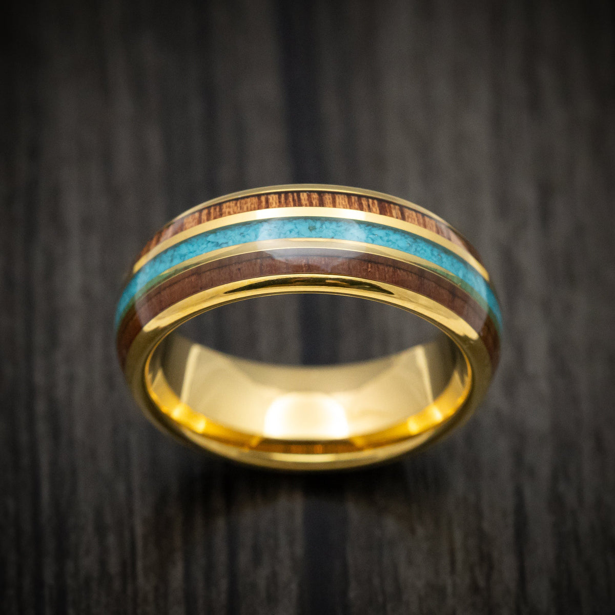 Overlander XII - Golden Tungsten Men's Wedding Ring with Rose Wood and Turquoise Inlays - view 2 - Nura Lab