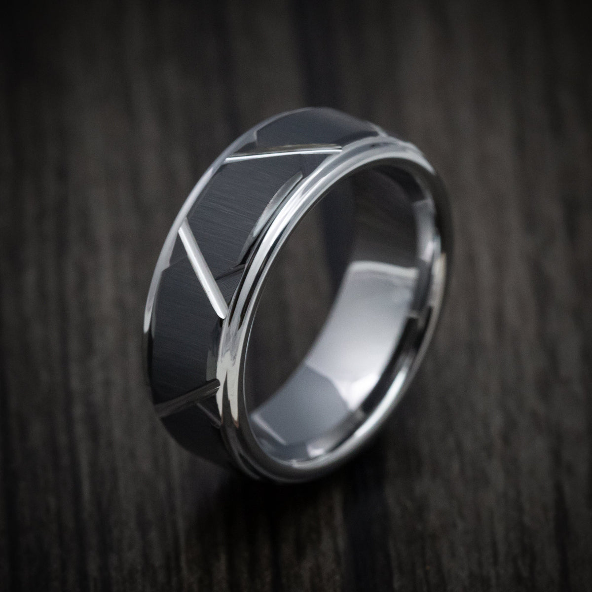 North XVI - Tungsten and Black Tungsten Geometric Pattern Men's Wedding Ring - view 3 - Nura Lab