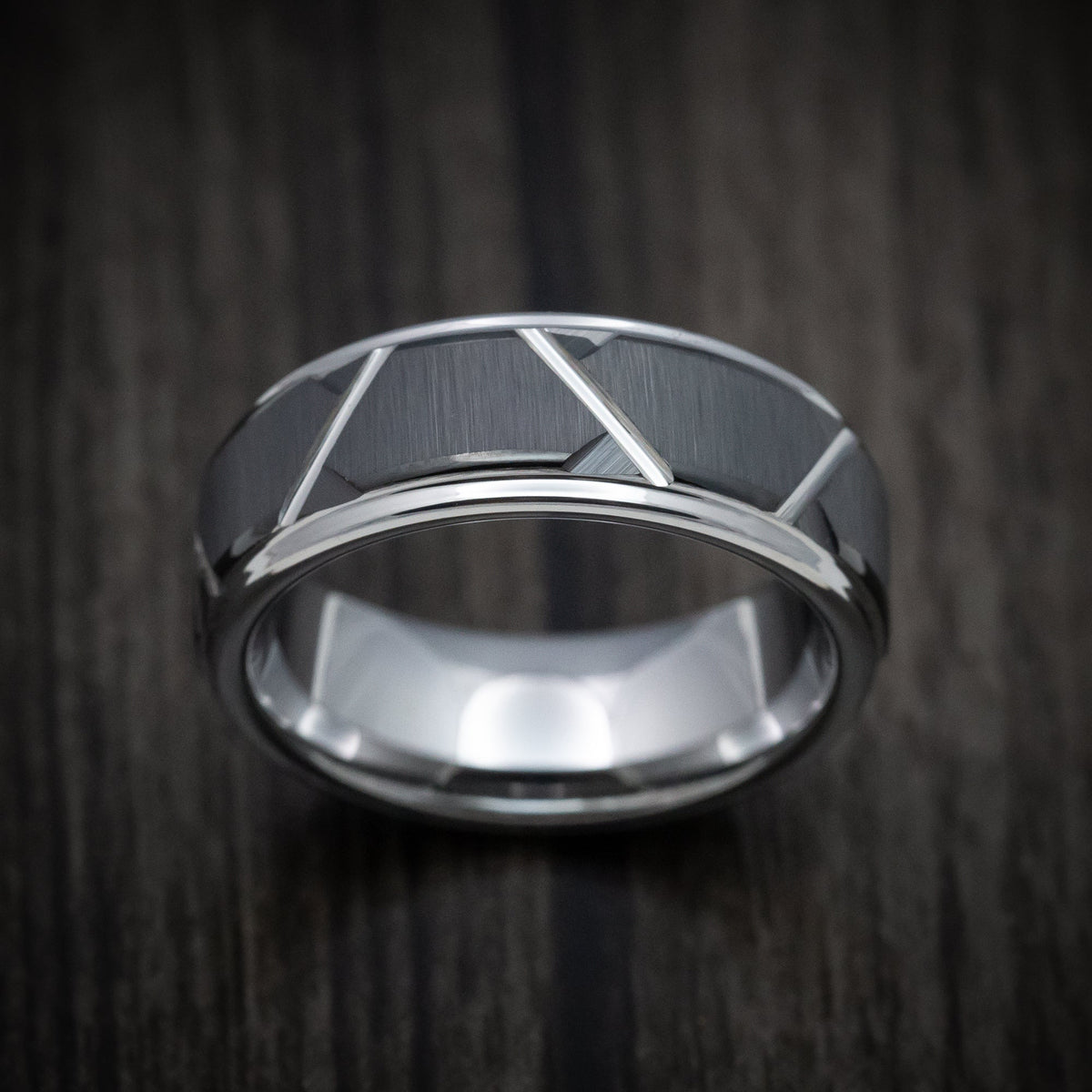 North XVI - Tungsten and Black Tungsten Geometric Pattern Men's Wedding Ring - view 2 - Nura Lab
