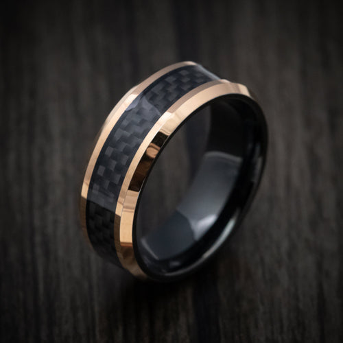 Cedar XIV - Golden and Black Tungsten Men's Wedding Ring with Carbon Fiber Inlay - view 3 - Nura Lab