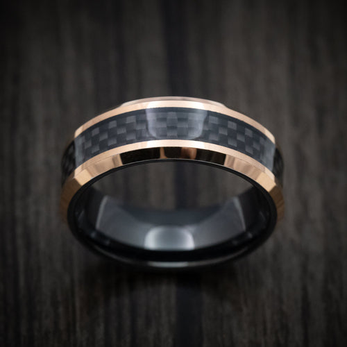Cedar XIV - Golden and Black Tungsten Men's Wedding Ring with Carbon Fiber Inlay - view 2 - Nura Lab