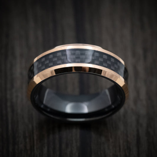 Cedar XIV - Golden and Black Tungsten Men's Wedding Ring with Carbon Fiber Inlay - view 2 - Nura Lab