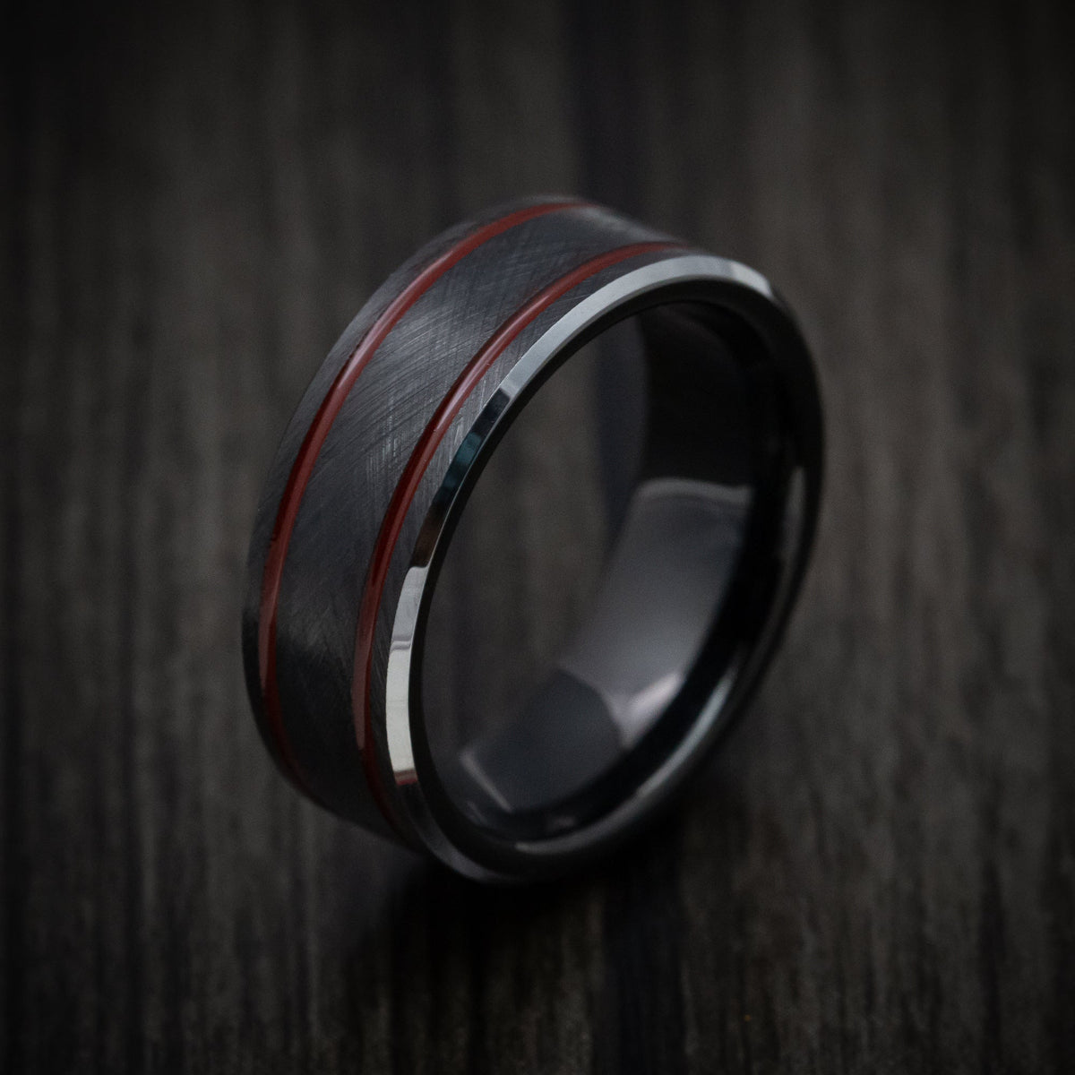 Resolute XV - Black Tungsten Men's Wedding Ring with Red Line Inlays - view 3 - Nura Lab