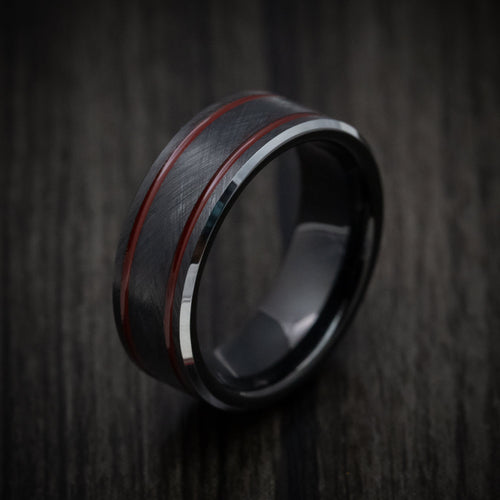 Resolute XV - Black Tungsten Men's Wedding Ring with Red Line Inlays - view 3 - Nura Lab