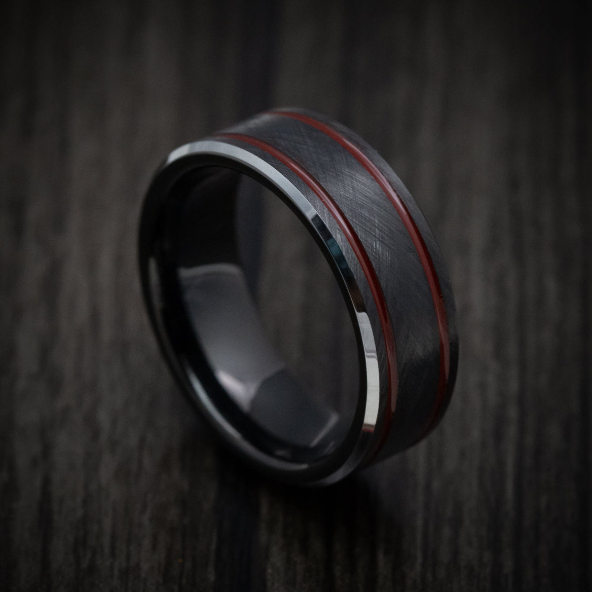 Resolute XV - Black Tungsten Men's Wedding Ring with Red Line Inlays - Nura Lab