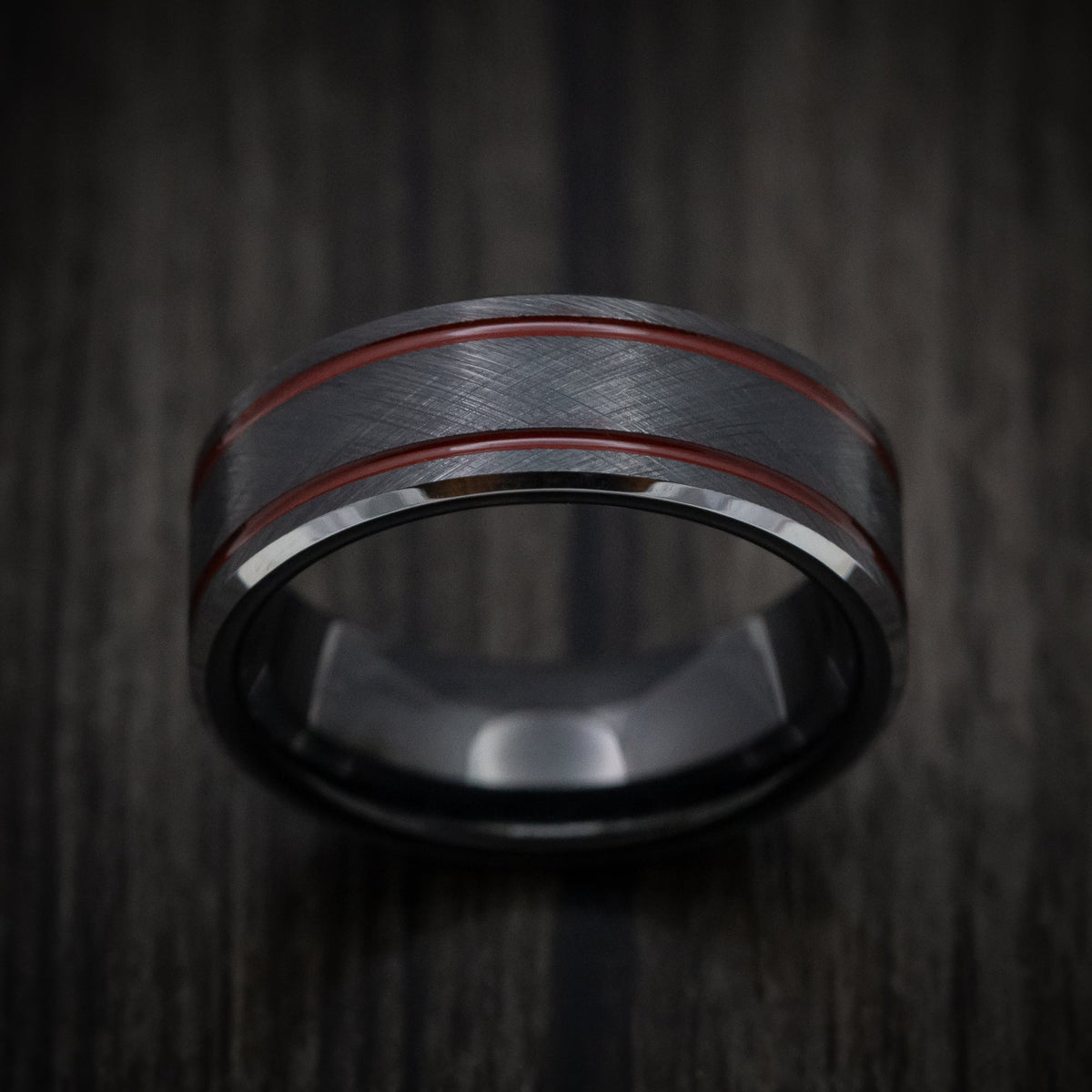 Resolute XV - Black Tungsten Men's Wedding Ring with Red Line Inlays - view 2 - Nura Lab
