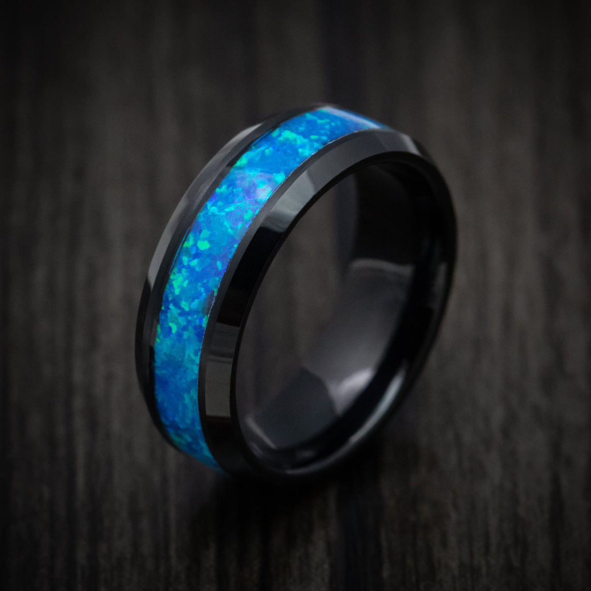 Iron XV - Black Tungsten Men's Wedding Ring with Opal Inlay - view 3 - Nura Lab