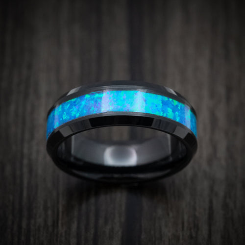 Iron XV - Black Tungsten Men's Wedding Ring with Opal Inlay - view 2 - Nura Lab