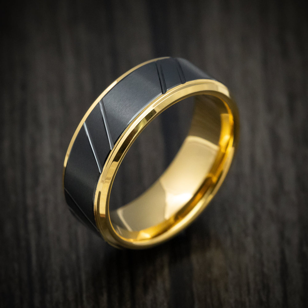 Ridge XVI - Golden Tungsten Men's Wedding Ring with Black Tungsten Inlay - view 3 - Nura Lab