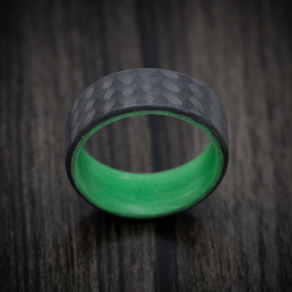 Crest XIV - Carbon Fiber Men's Wedding Ring with Green Glow Sleeve - view 2 - Nura Lab