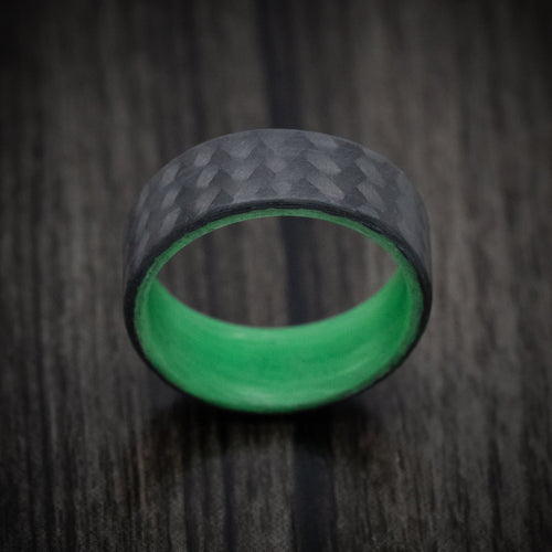 Crest XIV - Carbon Fiber Men's Wedding Ring with Green Glow Sleeve - view 2 - Nura Lab
