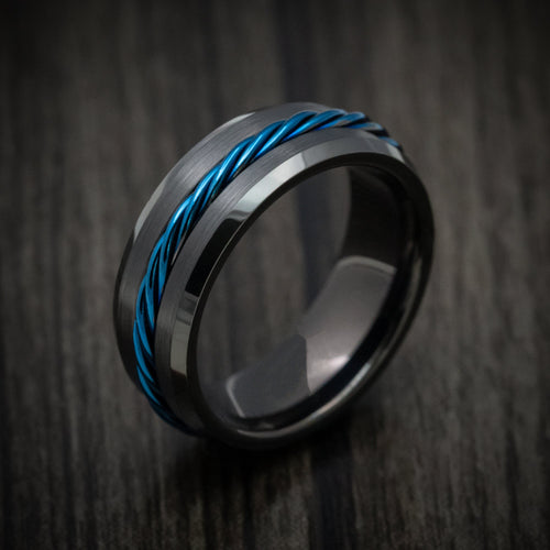 Bastion XV - Black Tungsten Men's Wedding Ring with Anodized Blue Rope Inlay - view 3 - Nura Lab
