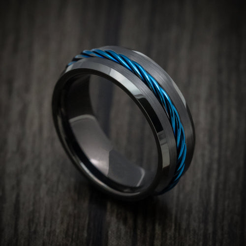 Bastion XV - Black Tungsten Men's Wedding Ring with Anodized Blue Rope Inlay - Nura Lab
