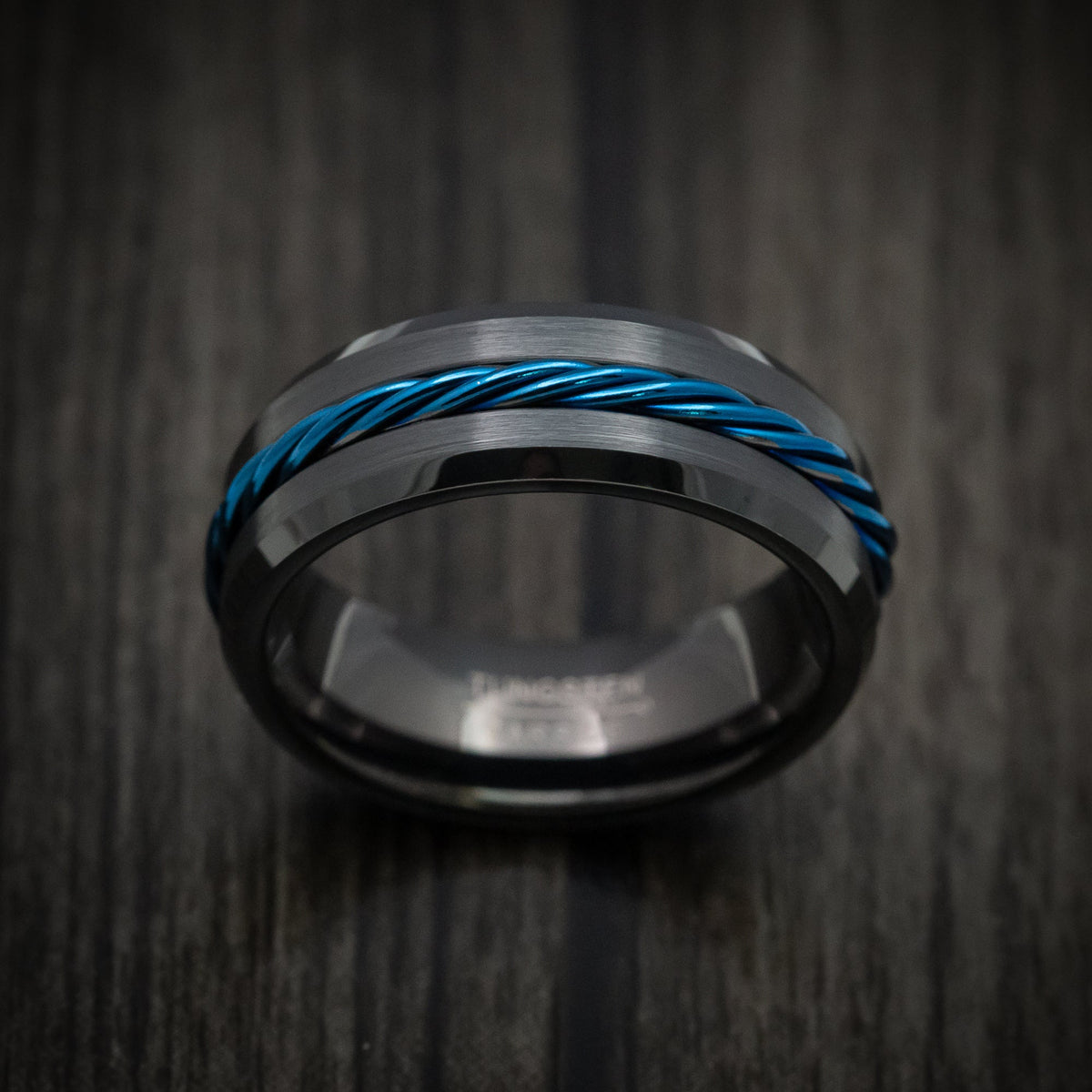 Bastion XV - Black Tungsten Men's Wedding Ring with Anodized Blue Rope Inlay - view 2 - Nura Lab