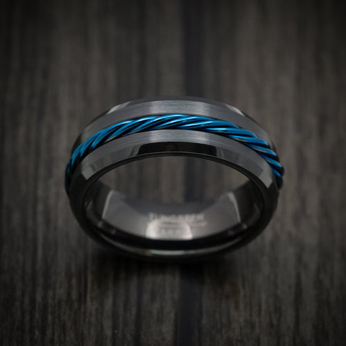 Bastion XV - Black Tungsten Men's Wedding Ring with Anodized Blue Rope Inlay - view 2 - Nura Lab