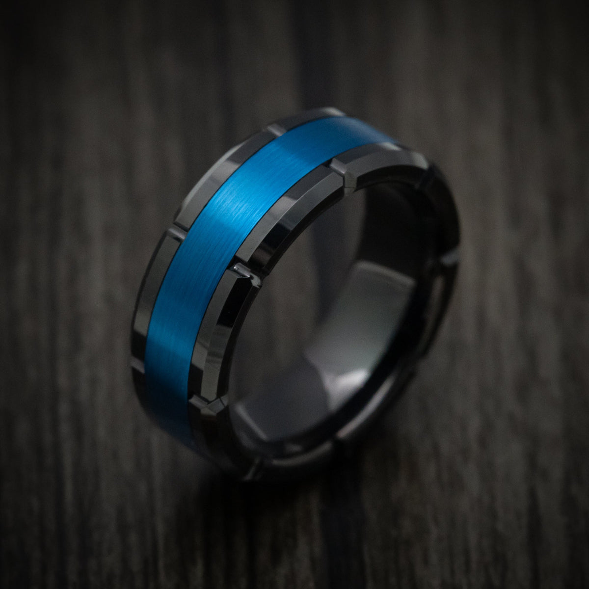 Outrider XVI - Black Tungsten Men's Wedding Ring with Anodized Blue Inlay - view 3 - Nura Lab