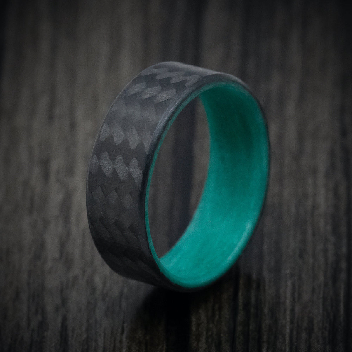 Dynasty XIV - Carbon Fiber Men's Wedding Ring with Teal Glow Sleeve - view 4 - Nura Lab
