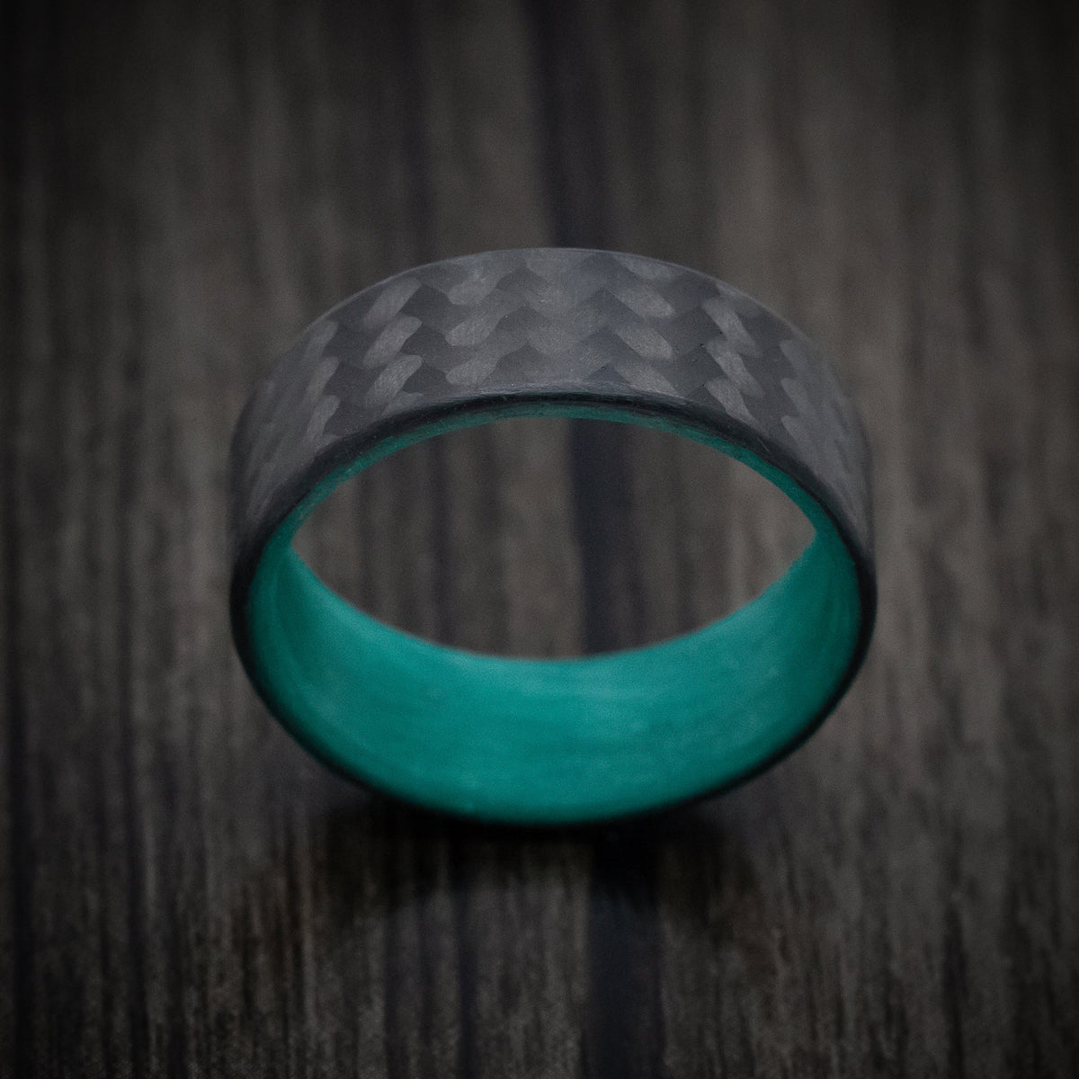 Dynasty XIV - Carbon Fiber Men's Wedding Ring with Teal Glow Sleeve - view 2 - Nura Lab