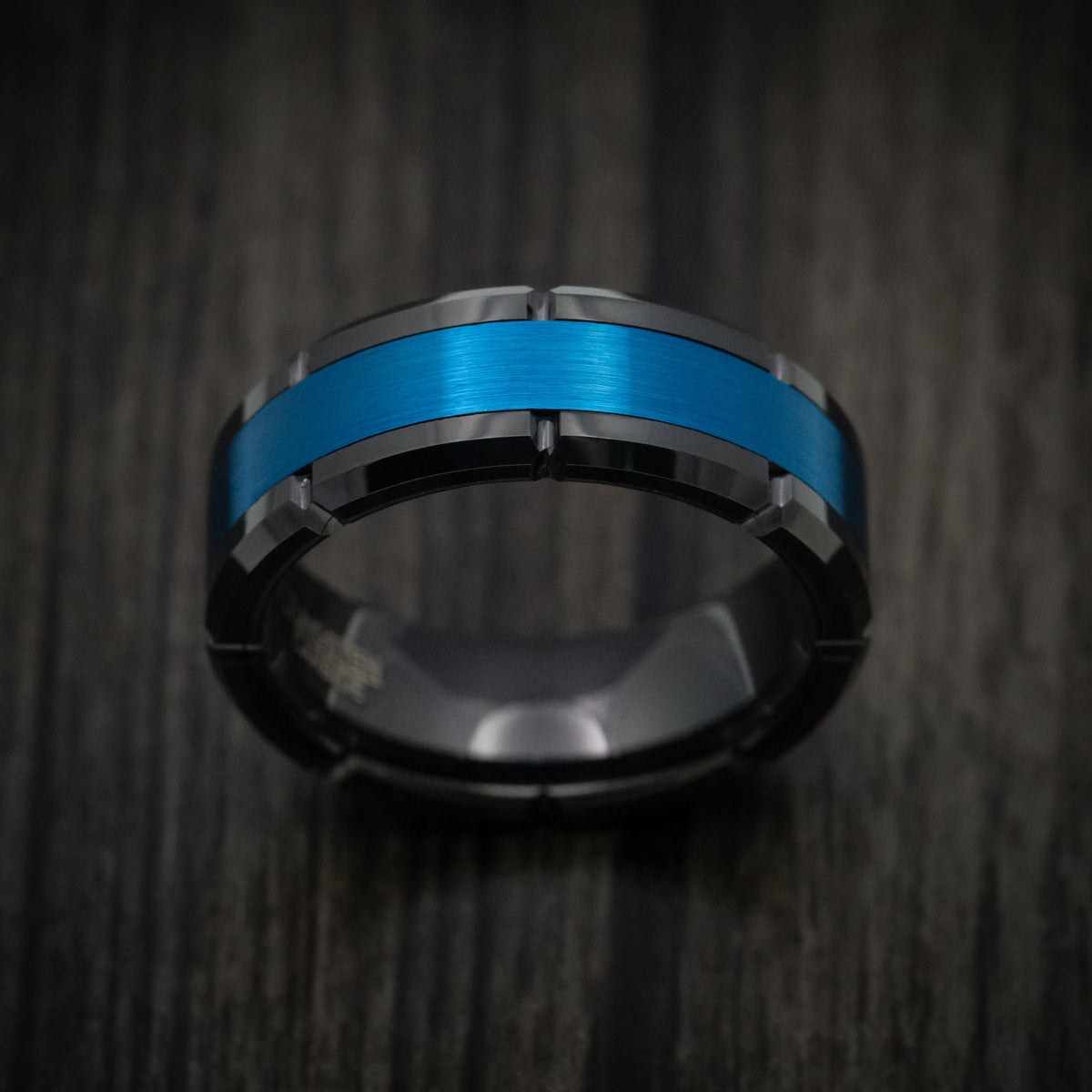 Outrider XVI - Black Tungsten Men's Wedding Ring with Anodized Blue Inlay - view 2 - Nura Lab