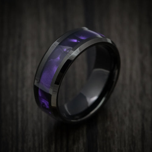 Duke XV - Black Tungsten Men's Wedding Ring with Purple Cypraea Tigris Inlay - view 3 - Nura Lab