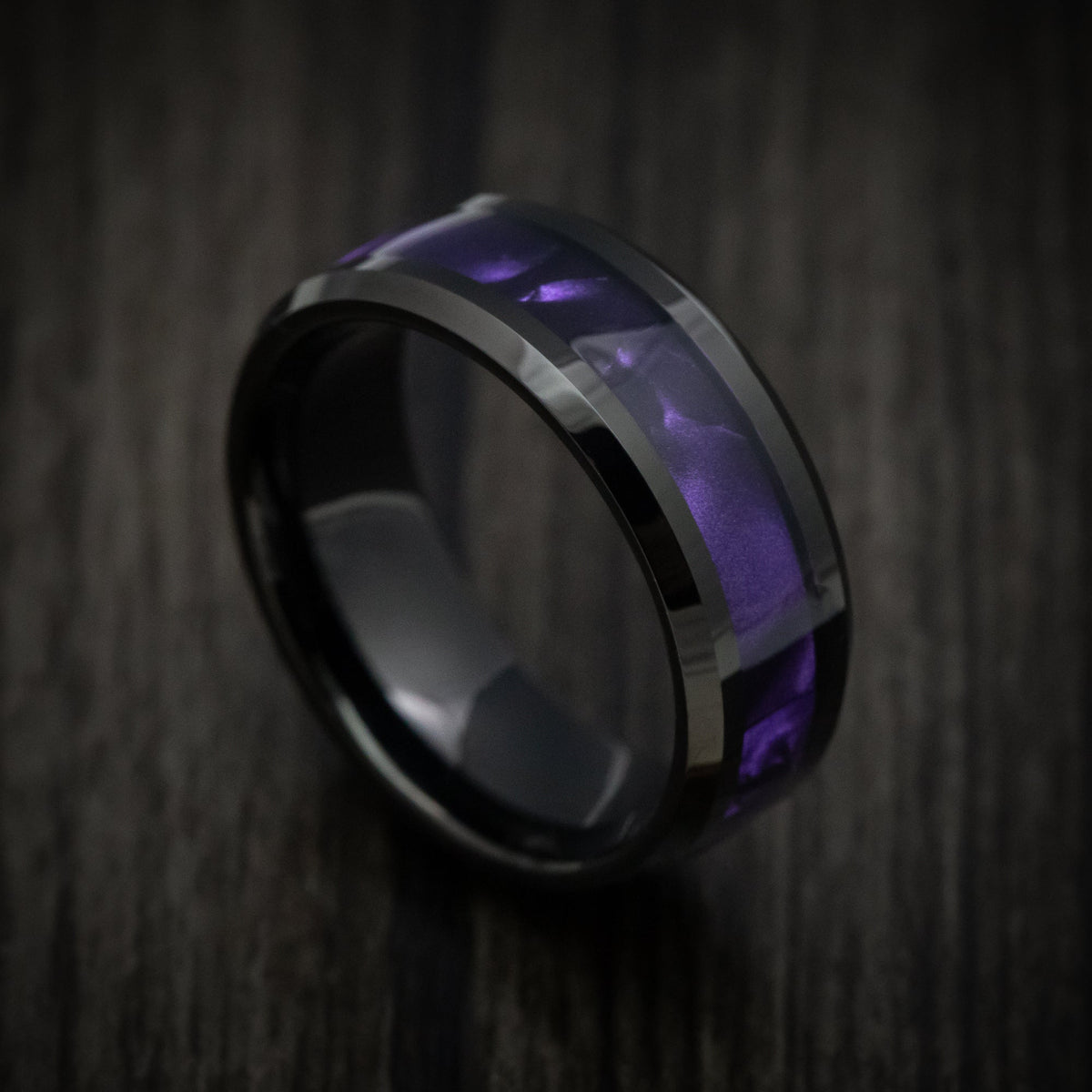 Duke XV - Black Tungsten Men's Wedding Ring with Purple Cypraea Tigris Inlay - Nura Lab