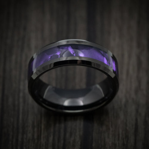 Duke XV - Black Tungsten Men's Wedding Ring with Purple Cypraea Tigris Inlay - view 2 - Nura Lab