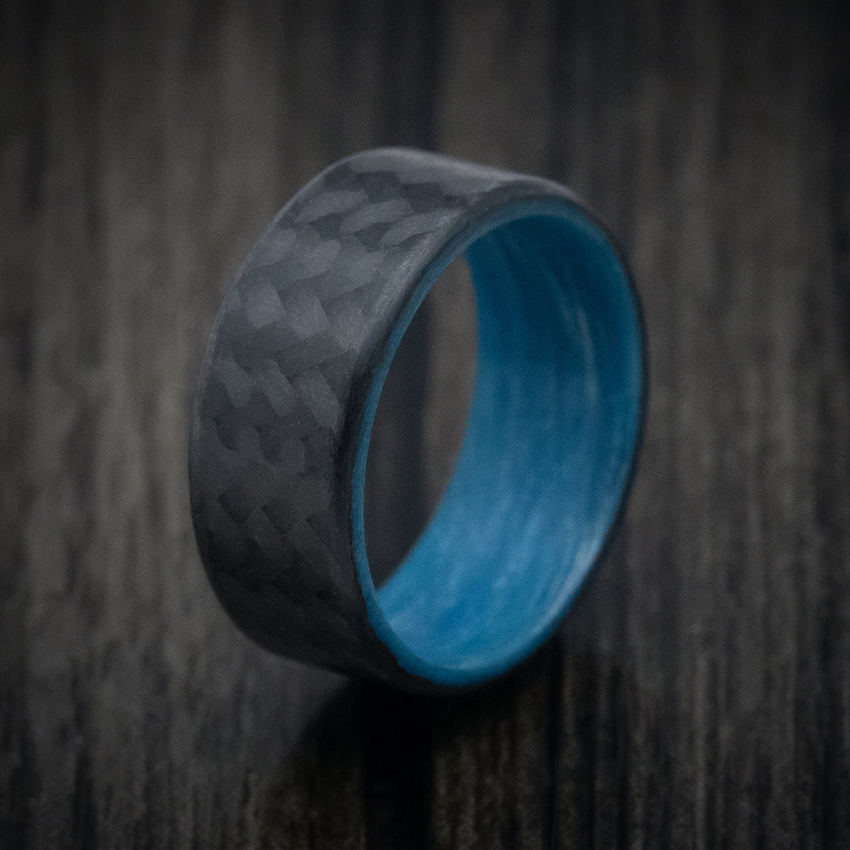 Stonehaven XIV - Carbon Fiber Men's Wedding Ring with Blue Glow Sleeve - view 4 - Nura Lab