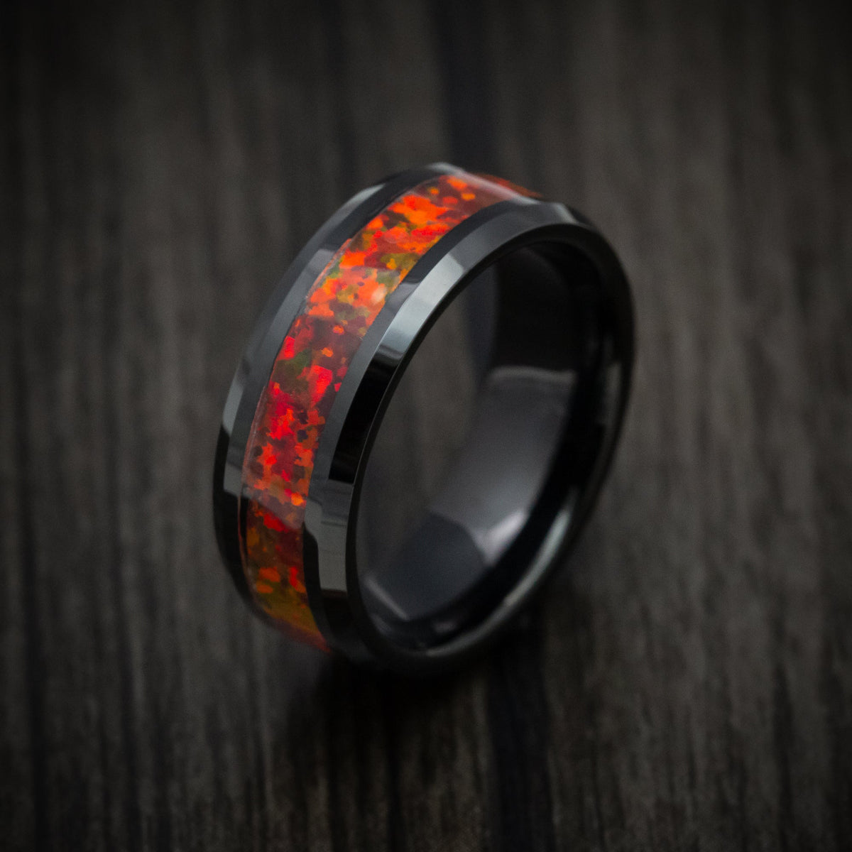 Mariner XV - Black Tungsten Men's Wedding Ring with Red Fire Opal Inlay - view 3 - Nura Lab