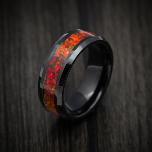 Mariner XV - Black Tungsten Men's Wedding Ring with Red Fire Opal Inlay - view 3 - Nura Lab