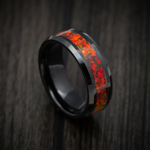 Mariner XV - Black Tungsten Men's Wedding Ring with Red Fire Opal Inlay - Nura Lab