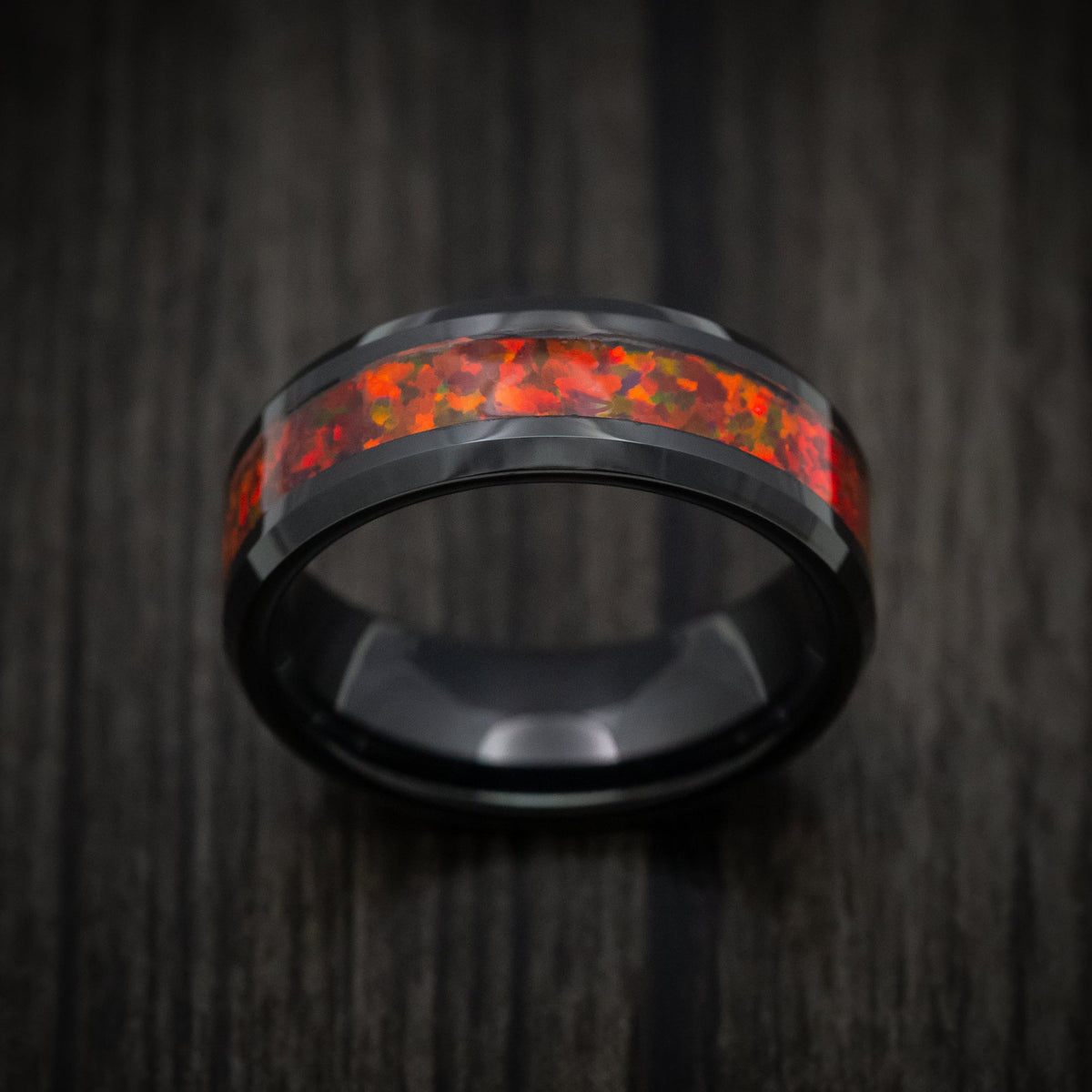 Mariner XV - Black Tungsten Men's Wedding Ring with Red Fire Opal Inlay - view 2 - Nura Lab