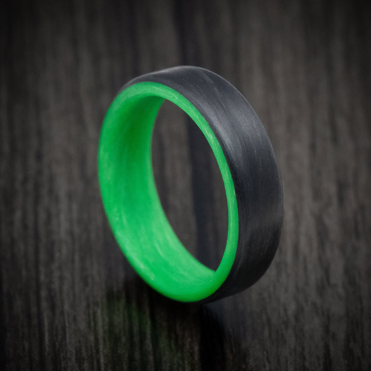 Blackstone XV - Carbon Fiber Men's Wedding Ring with Green Glow Sleeve - Nura Lab