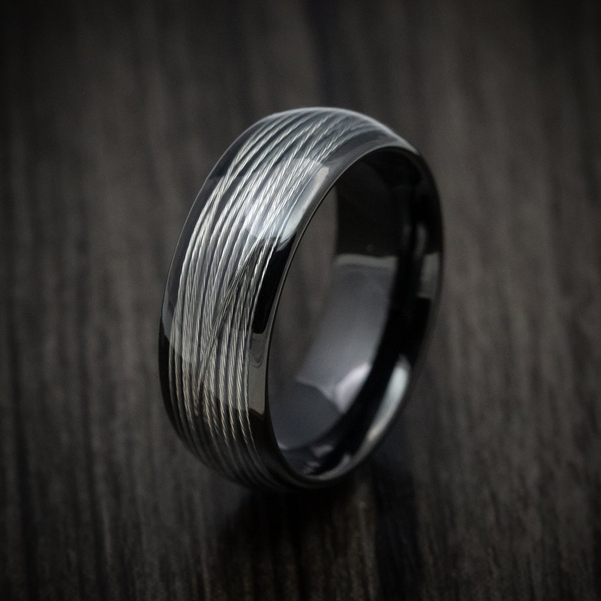 Highland XVI - Black Tungsten Men's Wedding Ring with Silver Wire Inlay - view 3 - Nura Lab