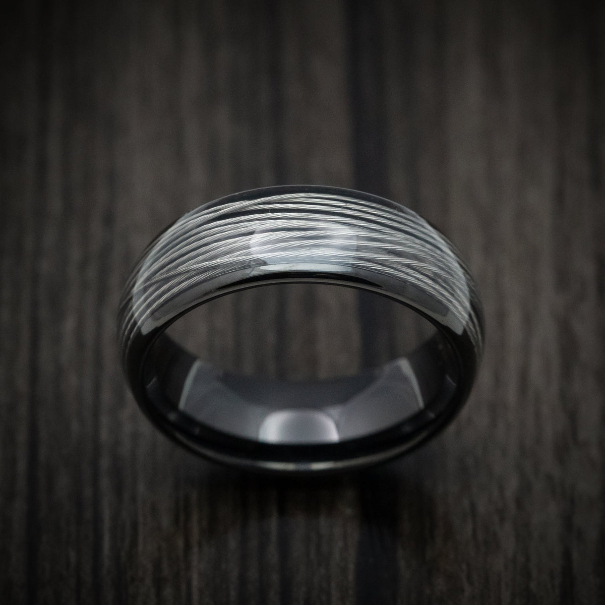 Highland XVI - Black Tungsten Men's Wedding Ring with Silver Wire Inlay - view 2 - Nura Lab