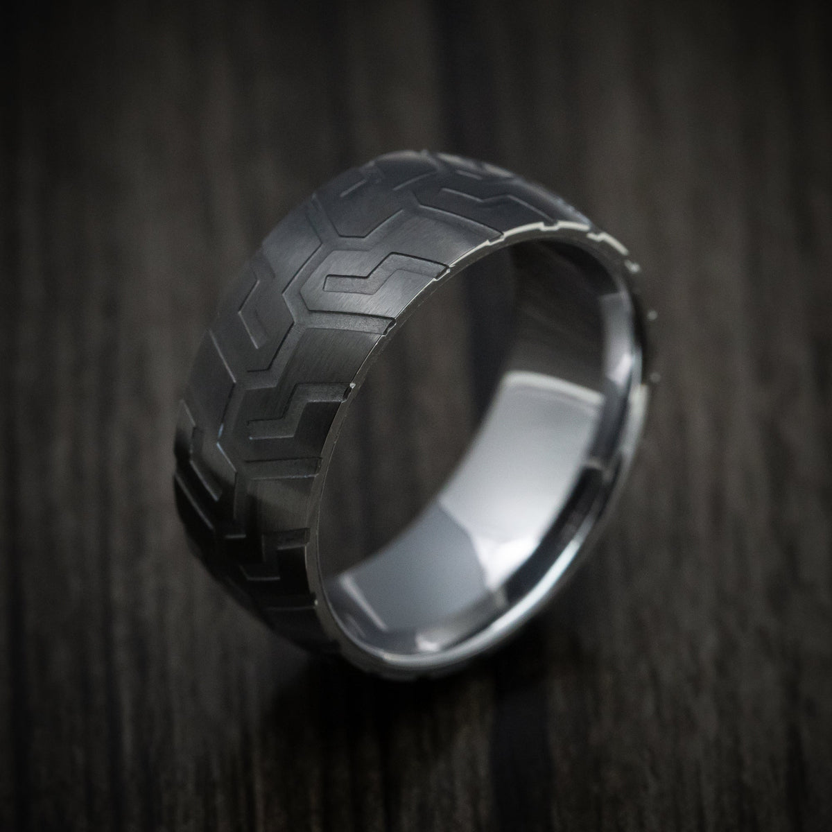 Blackstone XVI - Black Tungsten Men's Wedding Ring with Tire Tread Pattern - view 3 - Nura Lab