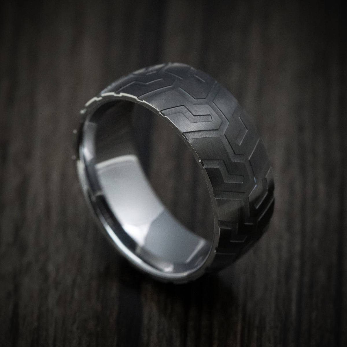 Blackstone XVI - Black Tungsten Men's Wedding Ring with Tire Tread Pattern - Nura Lab