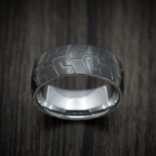 Blackstone XVI - Black Tungsten Men's Wedding Ring with Tire Tread Pattern - view 2 - Nura Lab