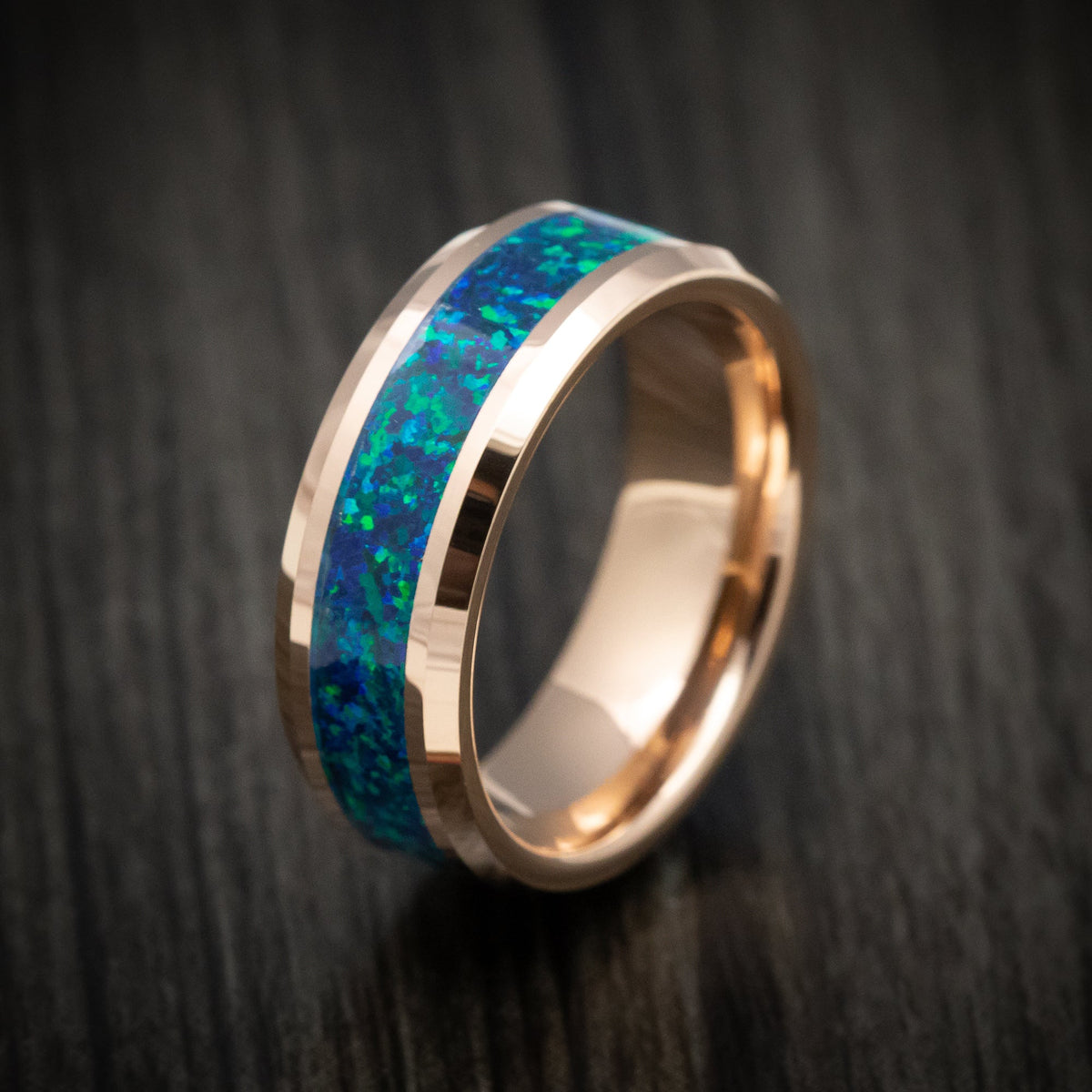 Nightfall XVI - Golden Tungsten Men's Wedding Ring with Opal Inlay - view 3 - Nura Lab