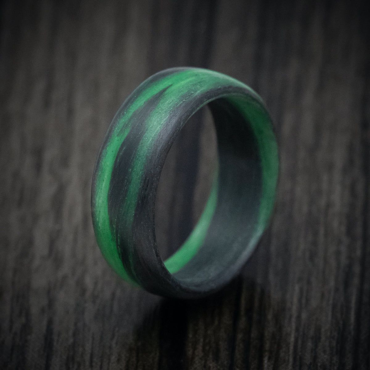 Ranger XIV - Carbon Fiber Men's Wedding Ring with Green Glow Marbled Design - view 4 - Nura Lab