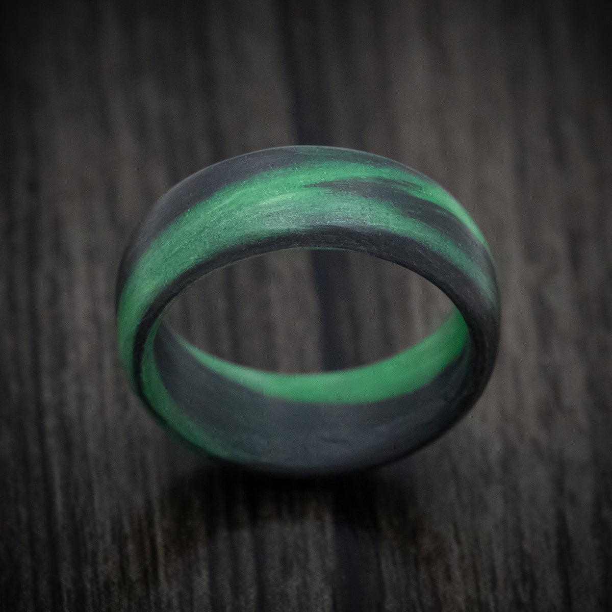Ranger XIV - Carbon Fiber Men's Wedding Ring with Green Glow Marbled Design - view 2 - Nura Lab