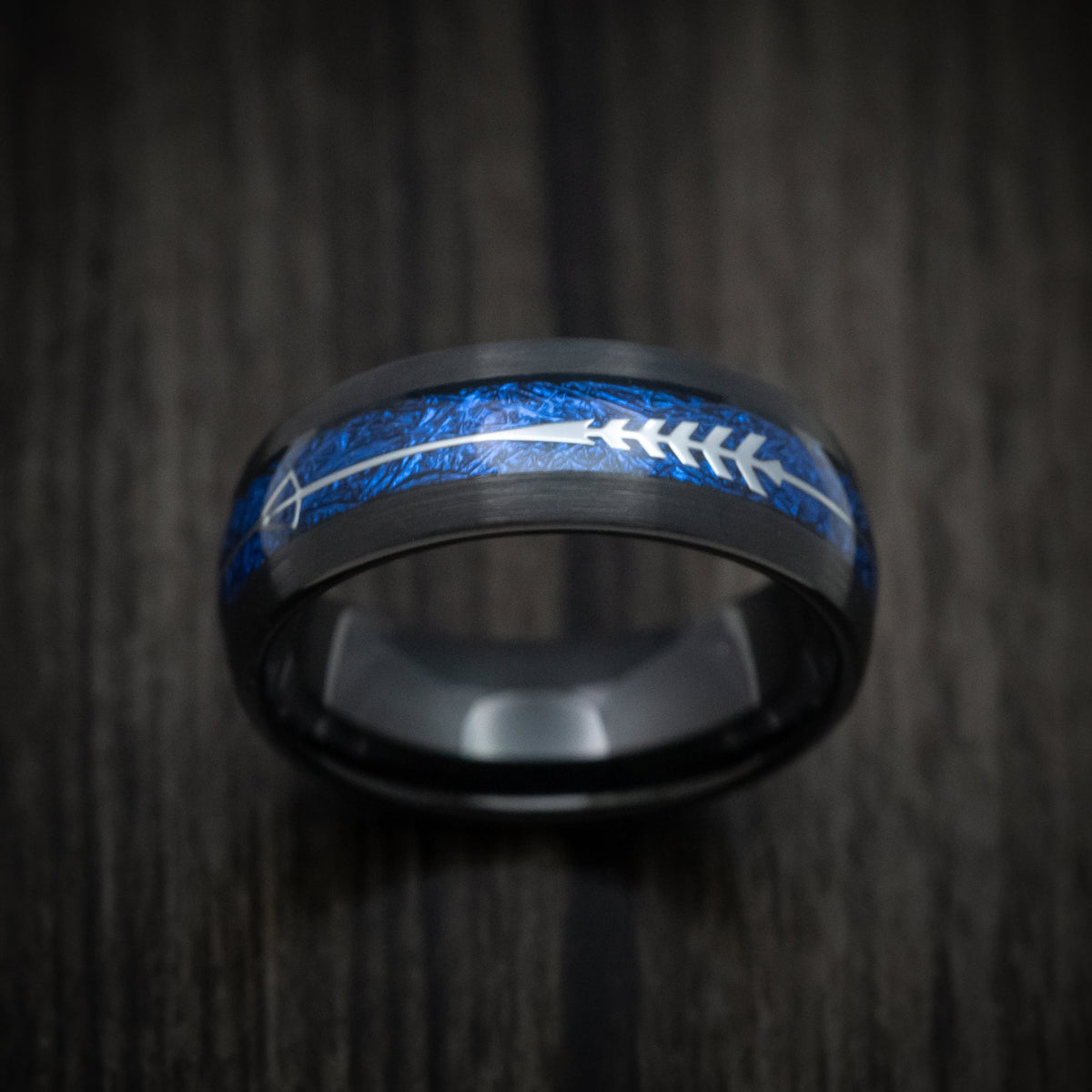 King Henry XVI - Black Tungsten Men's Wedding Ring with Blue Anodized Arrow Inlay - view 2 - Nura Lab
