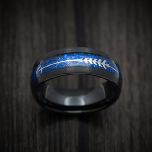King Henry XVI - Black Tungsten Men's Wedding Ring with Blue Anodized Arrow Inlay - view 2 - Nura Lab